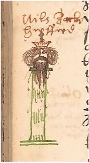tecknad bild av Dackes avhuggna huvud