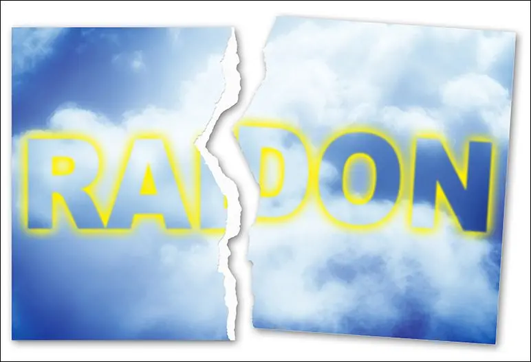 Bild på ett papper med texten radon gul text i versaler på blå bakgrund med en spricka mitt i ordet
